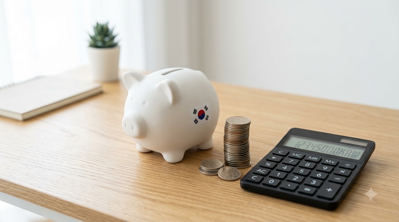 저금통과 동전, 계산기가 놓여 있는 정부지원금 관련 이미지