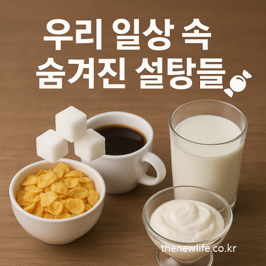 “Hidden sugars in common foods like cereal, coffee, milk, and yogurt.”-“시리얼, 커피, 우유, 요거트 등 일상적인 음식에 숨겨진 설탕들”