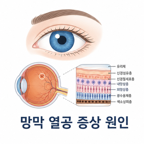 사람 눈과 망막 단면으로 망막 열공 증상과 원인을 설명하는 대표 이미지