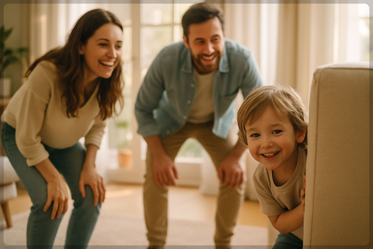 숨박꼭질 놀이 중 웃는 아이와 부모가 있는 장면으로 긴장과 즐거움을 동시에 표현한 아동 교육 관련 이미지