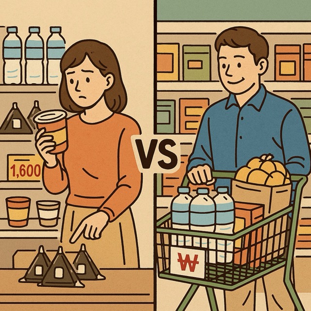 편의점에서 물건 고르는 사람 vs 마트 장바구니 비교