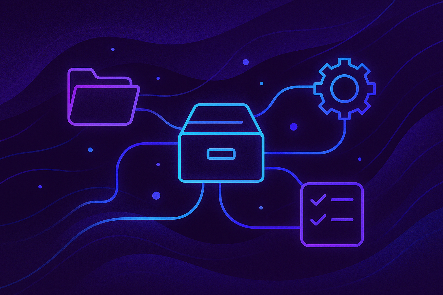 미래형 데이터 흐름을 상징하는 연결된 아카이브 시스템의 시각적 표현