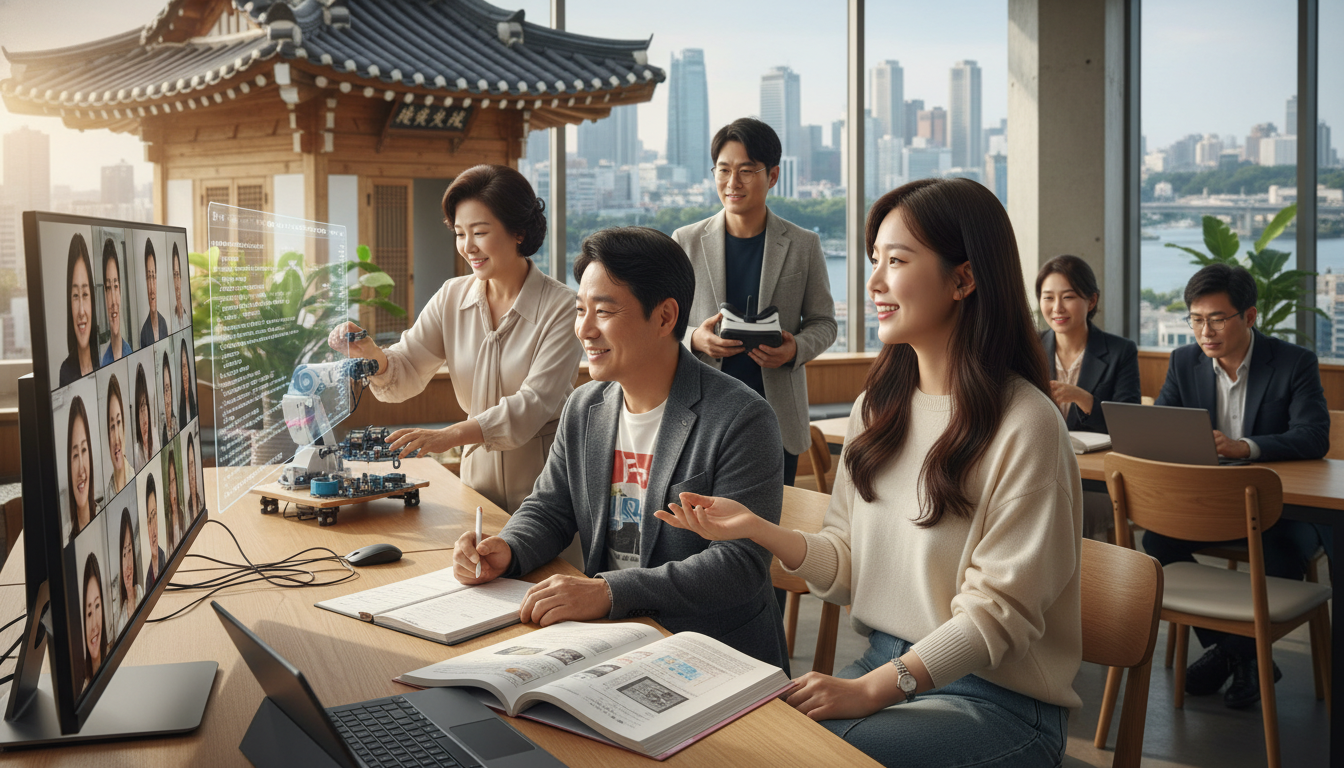 다양한 연령대의 한국인 학습자들이 AI 디지털 교육 플랫폼을 통해 적극적으로 온라인 학습에 참여하는 모습