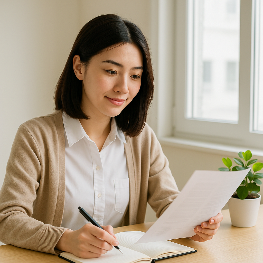 서류를 검토하며 메모를 하고 있는 아시아 여성의 실내 이미지로, 사회복지사 자격증 공부나 행정업무를 상징하는 장면입니다. 창가의 자연광과 차분한 분위기가 전문성과 신뢰감을 전달합니다.