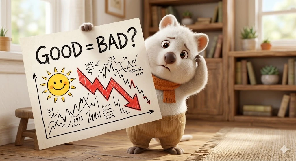 'GOOD = BAD?'라는 커다란 글씨가 적힌 종이를 들고 당황한 표정으로 머리를 긁적이는 하얀 쿼카. 종이에는 밝게 웃는 해님 그림과 폭락하는 거대한 붉은색 화살표 차트가 모순적으로 함께 그려져 있다.