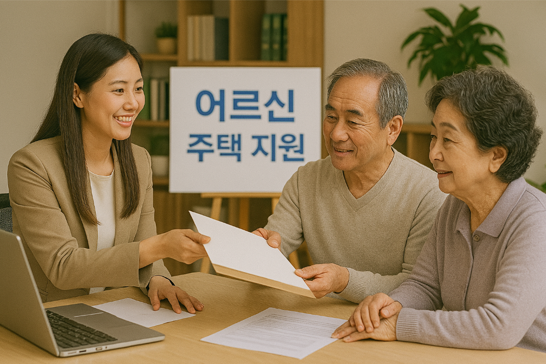 주택 지원 서류를 전달하는 상담사와 노부부의 모습