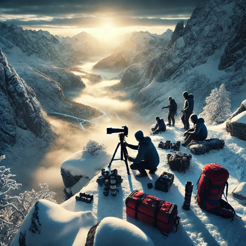 겨울철 눈 덮인 산계곡을 내려다보는 바위 위에서 카메라를 세팅하는 등산객 그룹. 눈 덮인 장비와 석양의 드라마틱한 빛, 안개가 어우러져 겨울 사진 촬영의 모험적인 분위기를 표현.