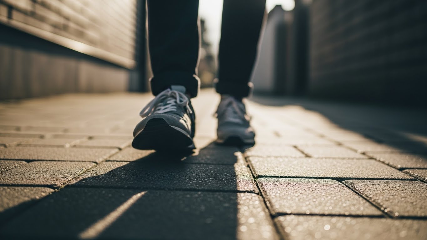 조용한 주택가 골목길을 걷는 사람의 발걸음