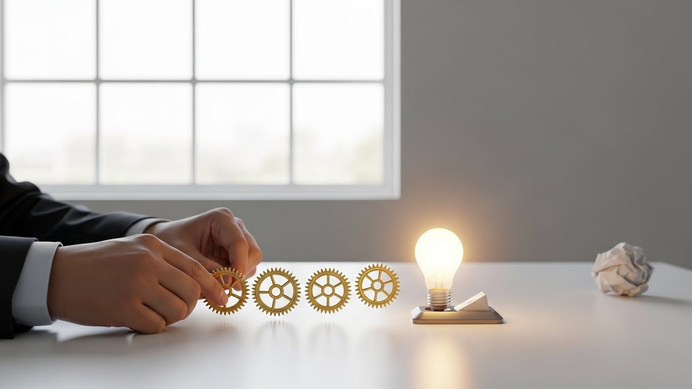 미니멀한 흰색 책상 위에서 한 사람이 작은 황금색 톱니바퀴들을 연결하여 밝게 빛나는 전구를 켜는 시스템을 만들고 있는 모습. 옆에는 구겨진 종이가 놓여 있어, 의지력이 아닌 시스템으로 새해 목표를 달성하는 것을 상징한다.