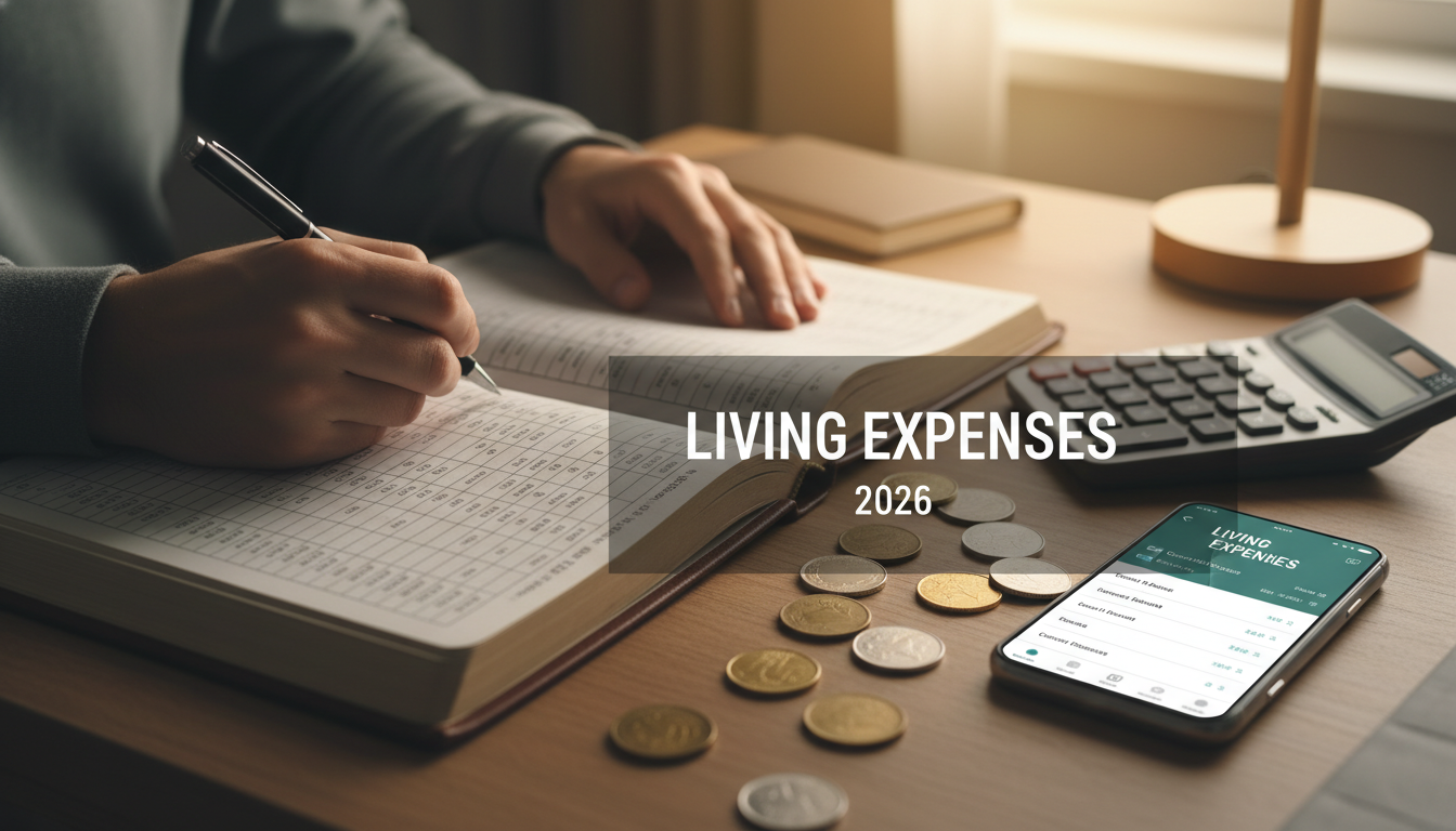 가계부를 작성하며 2026년 생활비 지출을 꼼꼼히 계산하는 모습