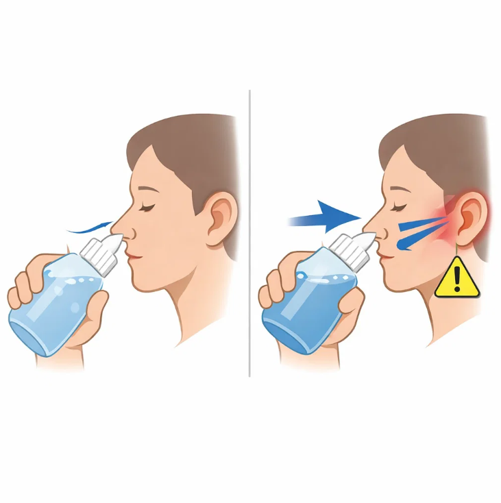 코 세척을 잘못했을 때 귀 압력 문제를 설명하는 비교 인포그래픽