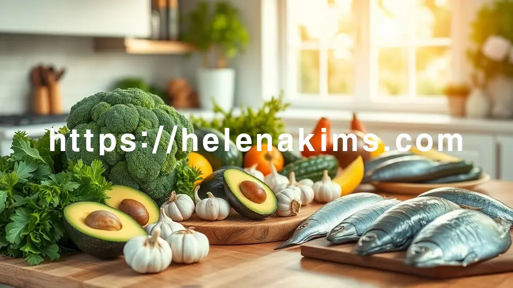 . 따뜻한 햇살이 비치는 주방 테이블 위, 신선한 브로콜리, 아보카도, 통마늘, 등푸른 생선이 풍성하게 놓여 있어요.