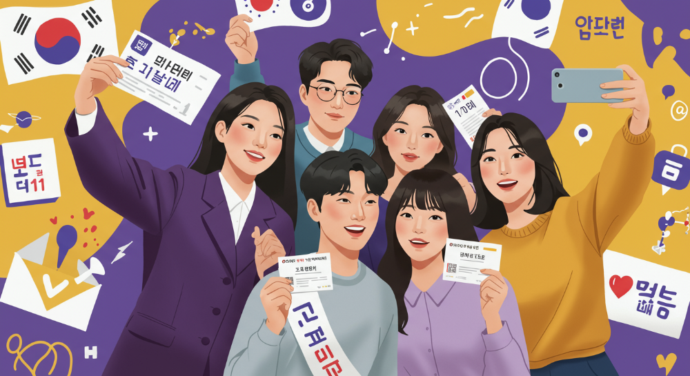 2025년 트렌드를 담은 MZ세대의 투표 인증샷. 손수 꾸민 듯한 아날로그 감성 투표 용지와 AI 기술이 결합된 디자인. 퍼플-옐로우 톤의 맥시멀리즘 스타일로 활기찬 정치 참여를 보여줌.