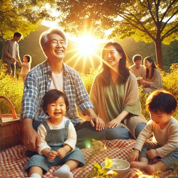 손자손녀와 피크닉을 나와서 즐겁게 웃고 있는 50대 부부