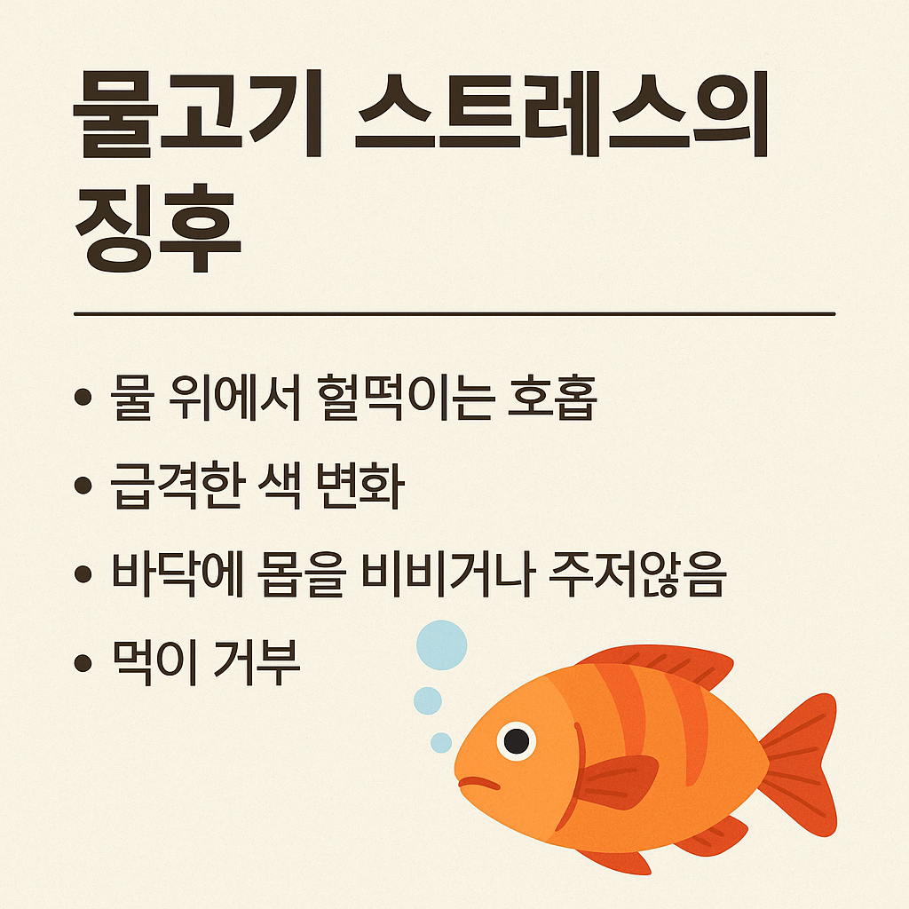 "물고기 스트레스의 징후를 설명하는 인포그래픽 이미지. 헐떡이는 호흡, 급격한 색 변화, 바닥에 몸을 비비거나 주저앉음, 먹이 거부 등 네 가지 주요 증상이 한국어로 나열되어 있으며, 한쪽에는 스트레스를 받은 듯한 표정의 주황색 물고기 일러스트가 그려져 있음."