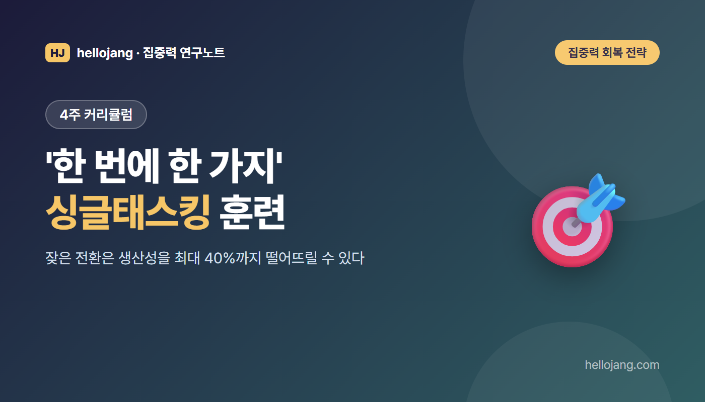 멀티태스킹 대신 한 번에 한 가지에 집중하는 싱글태스킹을 4주 커리큘럼으로 연습하는 방법을 소개하는 표지 그림