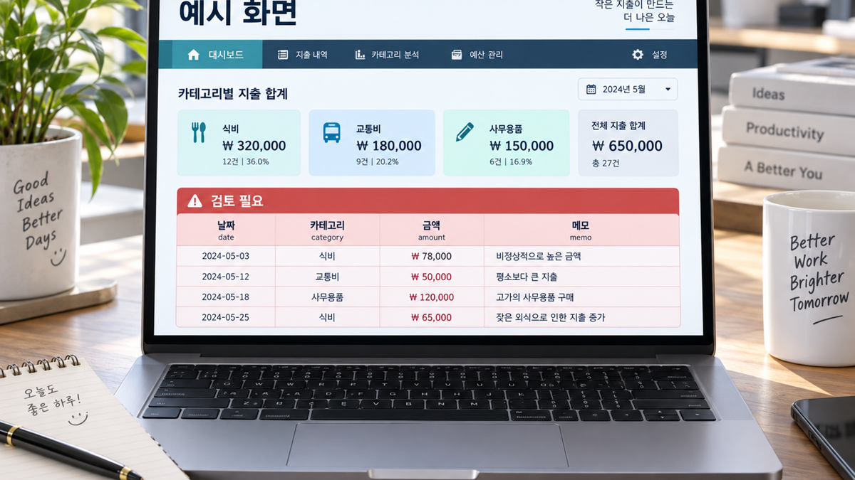 예시 화면: 항목별 합계와 확인 필요 내역을 보여주는 CSV 지출 대시보드