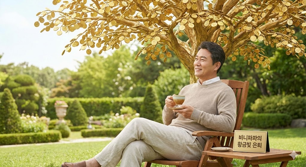 10년 뒤, 풍성하게 자라난 '연금 나무' 아래서 여유롭게 은퇴 생활을 즐기는 '빈이아빠'의 행복한 모습