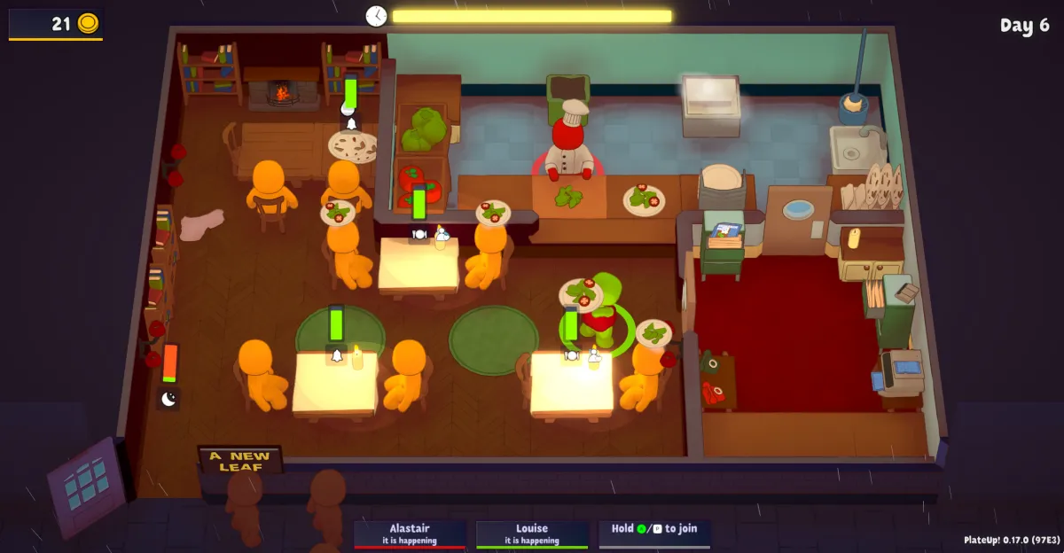 요리하는-빨간캐릭터-서빙하는-연두색-캐릭터-식당의-모습