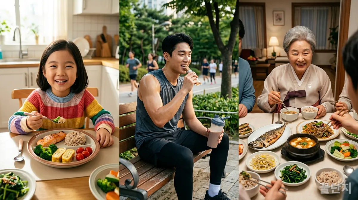 다양한 연령대의 한국인들이 단백질이 풍부한 식사를 하는 모습