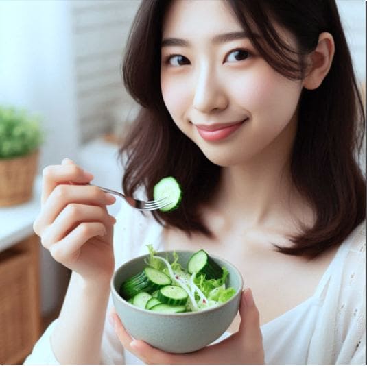 미니오이 다이어트 효과, 오이 샐러드 먹는 여성