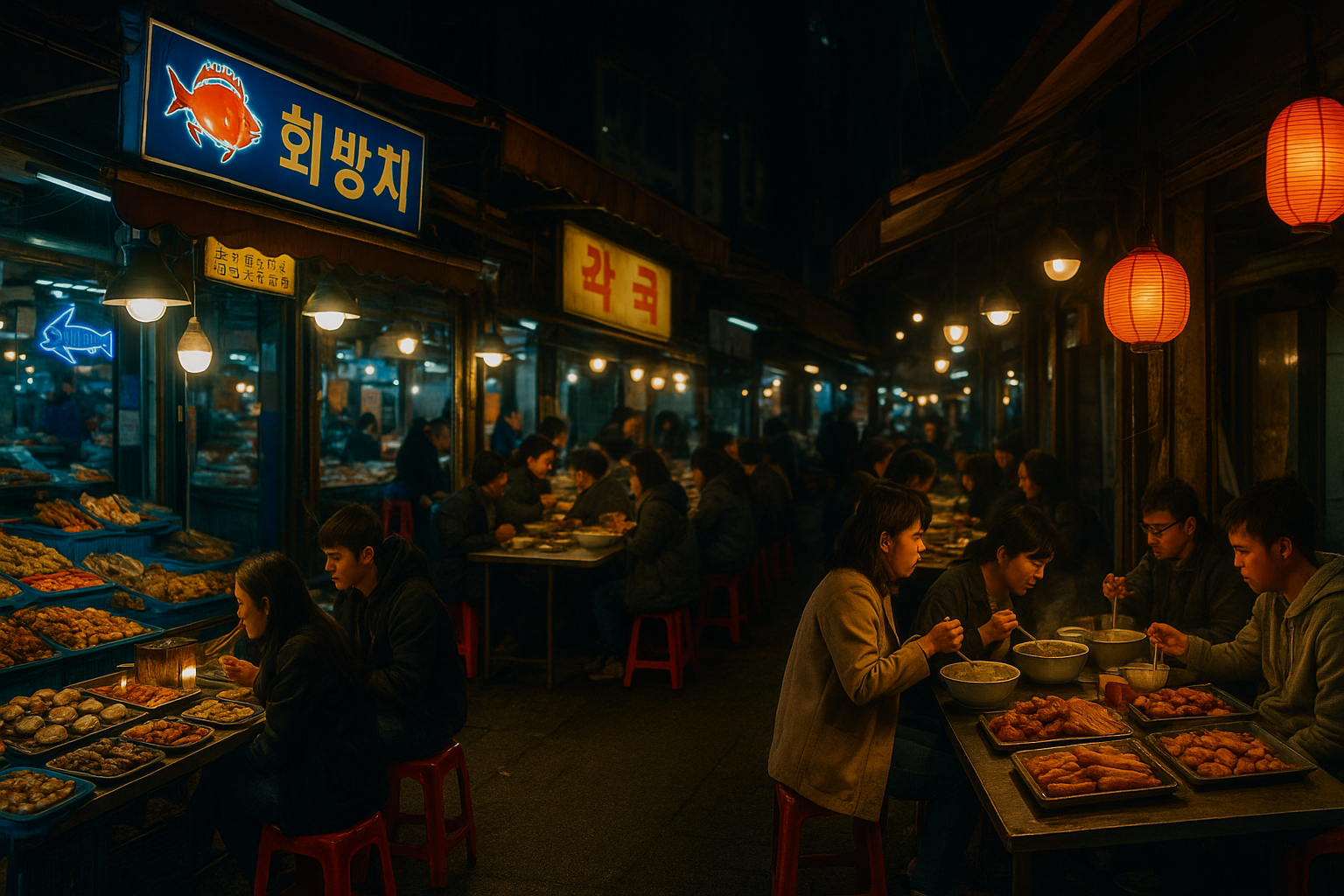 부산 자갈치시장, 대구 서문시장, 인천 남동공단 뒷골목이 어우러진 한국 야시장의 풍성한 밤거리 먹거리 풍경을 담은 사진