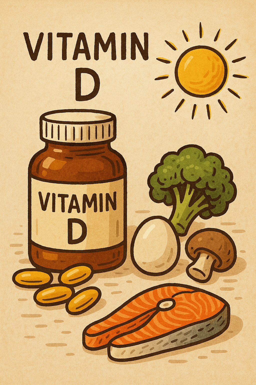 비타민 D가 풍부한 음식으로 연어, 달걀, 버섯, 브로콜리가 있다.