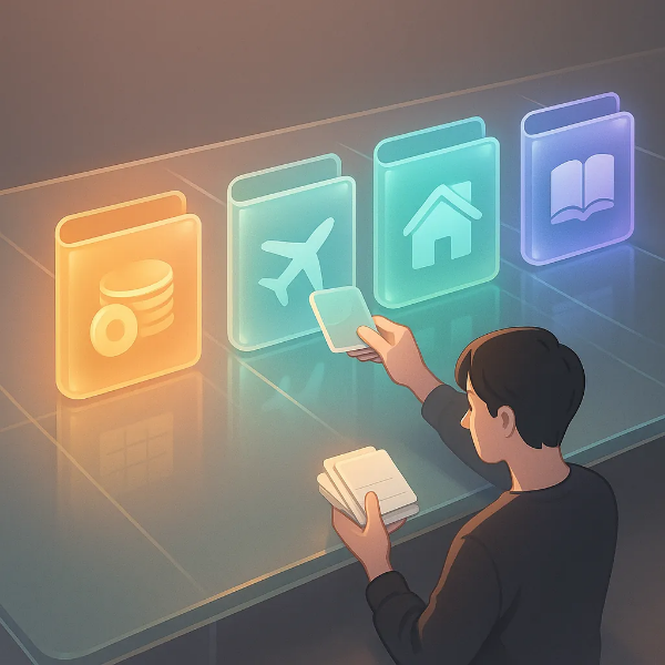 목표별 자산을 여러 개의 통장에 나눠 담는 모습을 형상화한 감성 일러스트