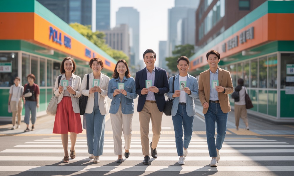 제21대 대통령선거 투표소로 향하는 다양한 연령대의 유권자들이 미소를 지으며 실물 및 모바일 신분증을 들고 있는 모습.