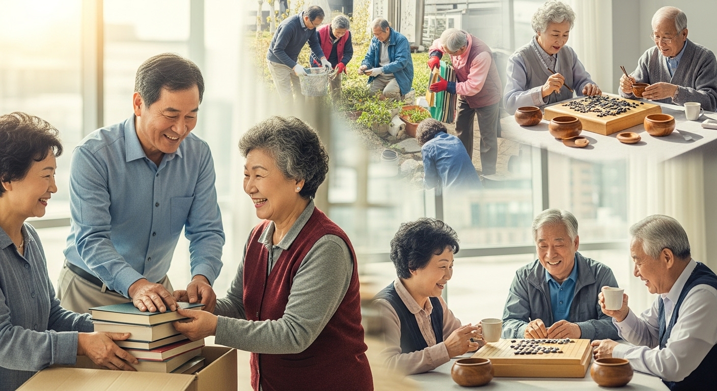 다양한 분야에서 활동하며 활기찬 노년을 보내는 한국 어르신들의 모습. 연금 감액 완화가 가져올 사회적 참여 증진과 행복을 상징합니다.