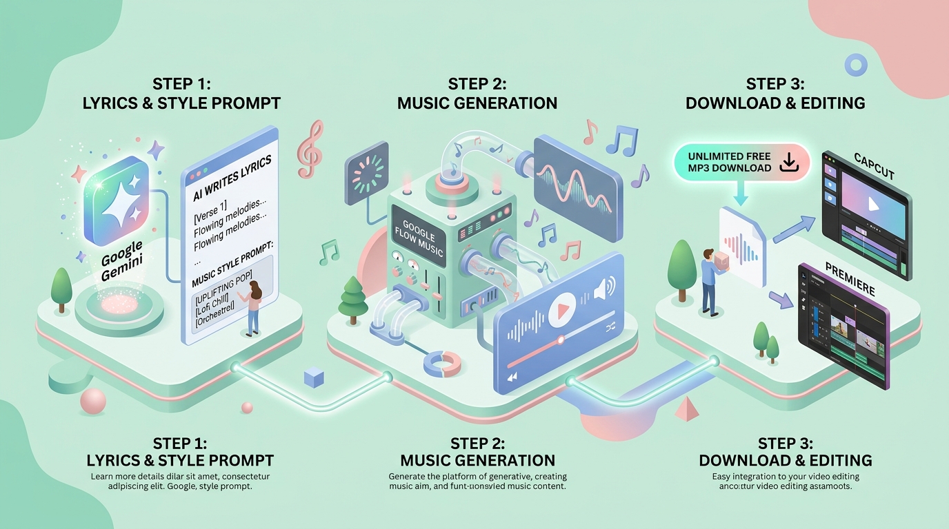 비용 0원 무료 대안: Google Gemini &times; 구글 Flow Music 연계 워크플로우 핵심 요약 인포그래픽
