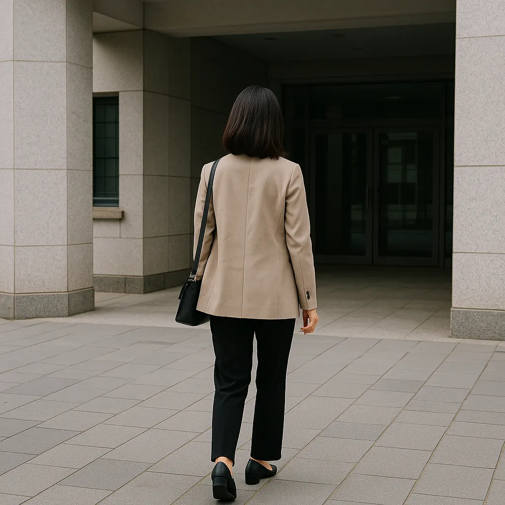건물 입구에서 혼자 걸어 나가는 여성