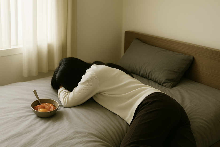 "햇살 가득한 방 안에서 침대에 엎드린 여성과 그녀 곁에 놓인 떡볶이 한 그릇. 지친 하루 속 작은 위로를 담은 순간"