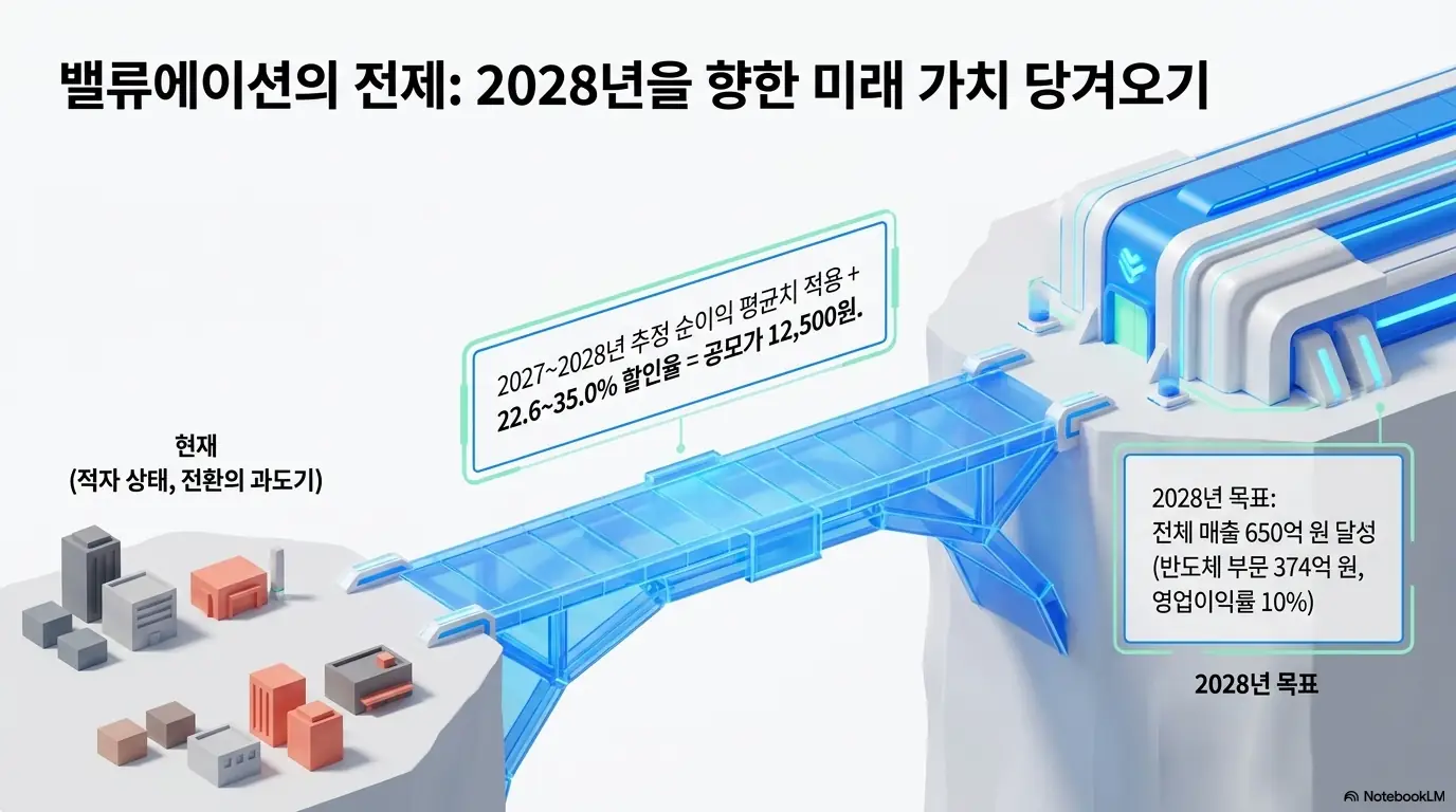 져스텍 주가 전망: 져스텍의 현재 적자 상태와 2028년 목표를 다리로 연결한 밸류에이션 인포그래픽. 2027~2028년 추정 순이익 평균에 할인율을 적용해 공모가 12,500원이 산정됐고, 2028년 전체 매출 650억 원을 목표로 한다는 점을 시각적으로 전달하며 져스텍 공모가의 전제를 설명함