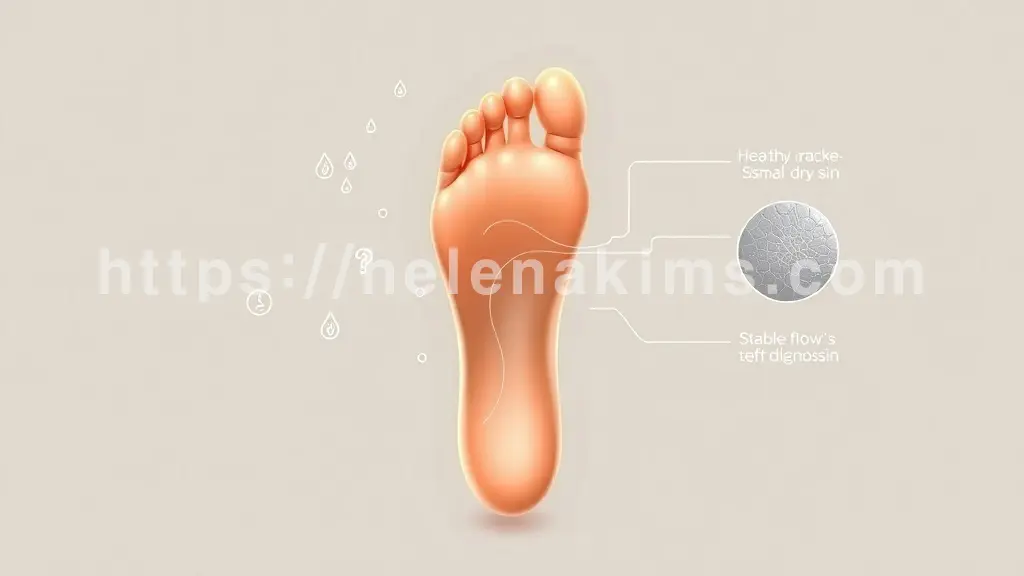 발바닥의 한쪽 면에는 땀방울, 작은 균열, 물음표 등 발 다한증 증상 및 자가 진단을 상징하는 아이콘들이 있다.