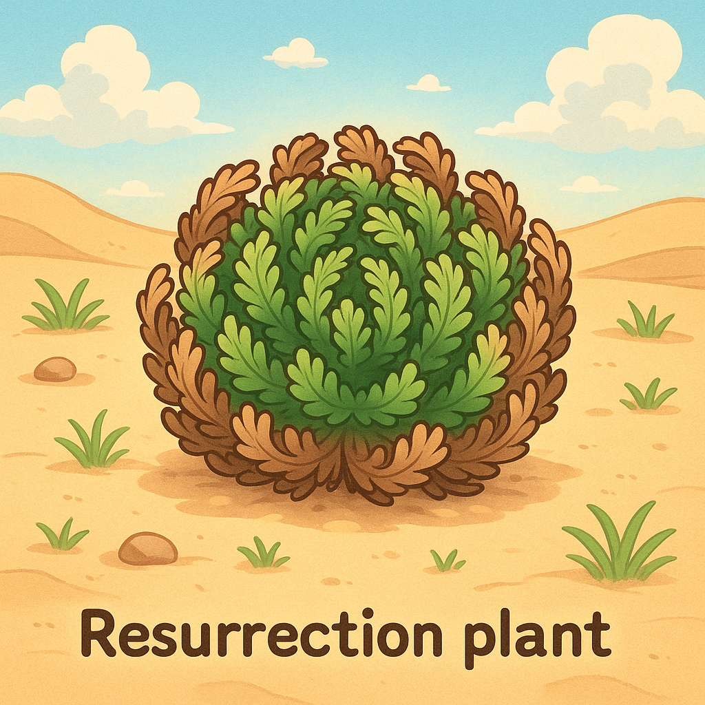 Resurrection plant 부활초 Selaginella lepidophylla가 건조한 사막에서 동그랗게 말린 상태에서 물방울을 만나 초록빛으로 살아나는 과정을 그린 아기자기한 애니메이션 일러스트