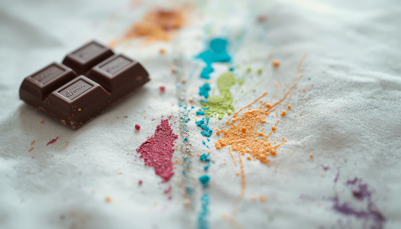 흰 천에 묻어 지우기 어려운 초콜릿과 사인펜 얼룩 근접 사진