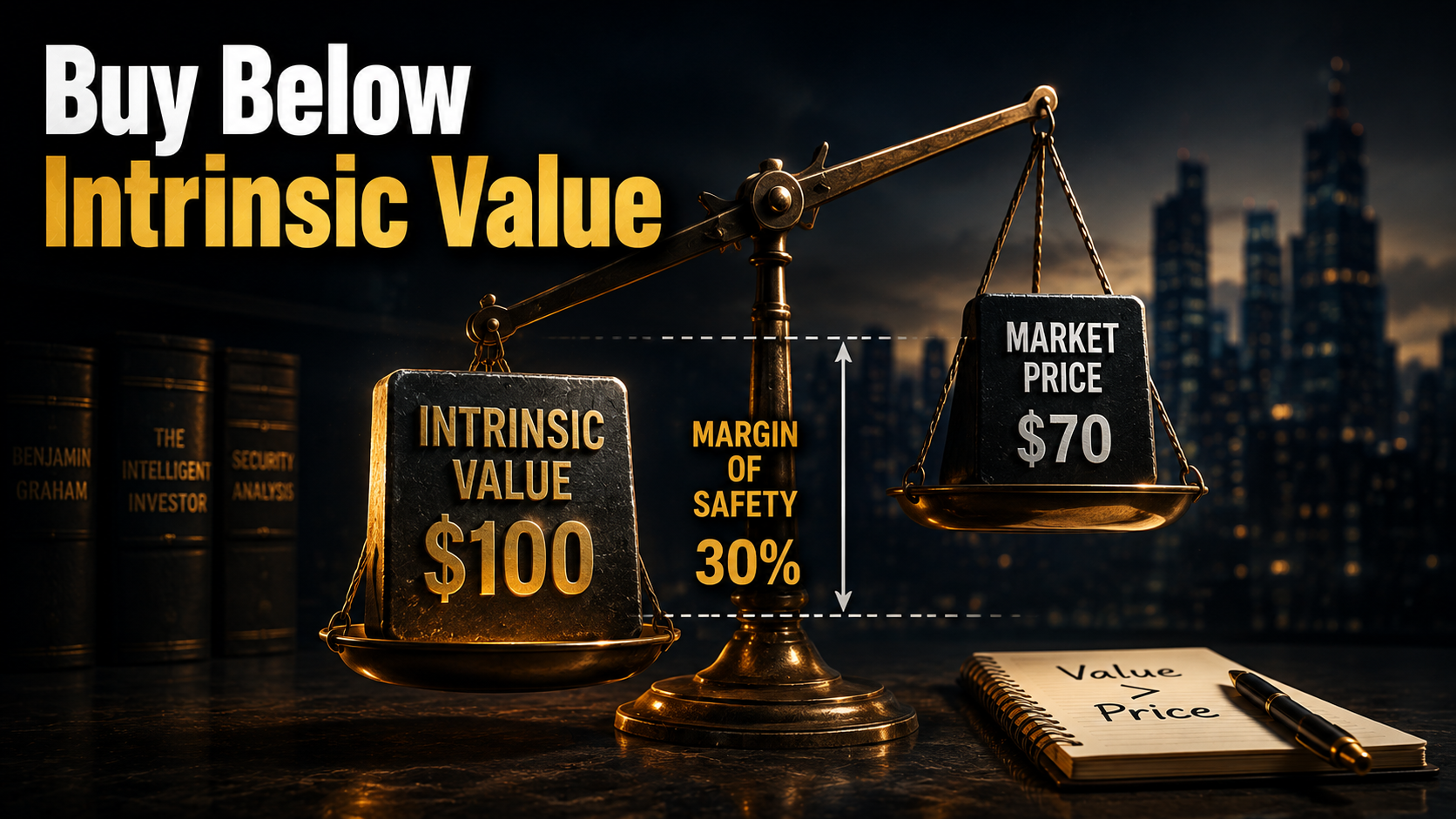 Comparison of intrinsic value and market price illustrating the Margin of Safety in value investing.
