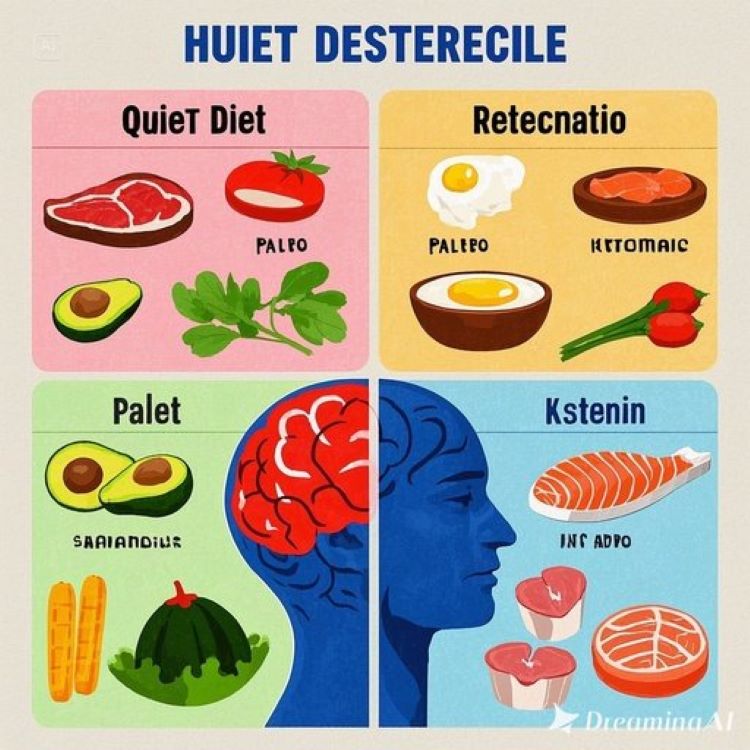 깔끔한 인포그래픽 스타일로 네 개의 식단(조용한 식단, 팔레오, 케토제닉, 육식)을 비교하는 차트가 중앙에 배치되어 있고, 각각의 대표 음식들(스테이크, 연어, 달걀, 아보카도, 채소 등)이 구역별로 정렬되어 있는 이미지. 뇌 모양의 실루엣과 염증을 나타내는 붉은색에서 평온함을 나타내는 파란색으로 변화하는 그라데이션 효과
