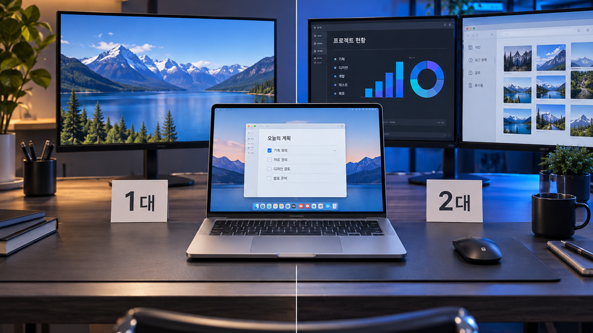 MacBook 세대에 따라 외장 화면 1대와 2대 지원이 달라지는 작업 공간 비교