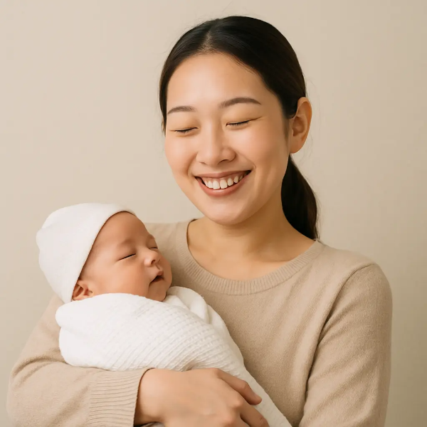 신생아를 안고 따뜻하게 웃는 젊은 산모의 텍스트 없는 인물 이미지
