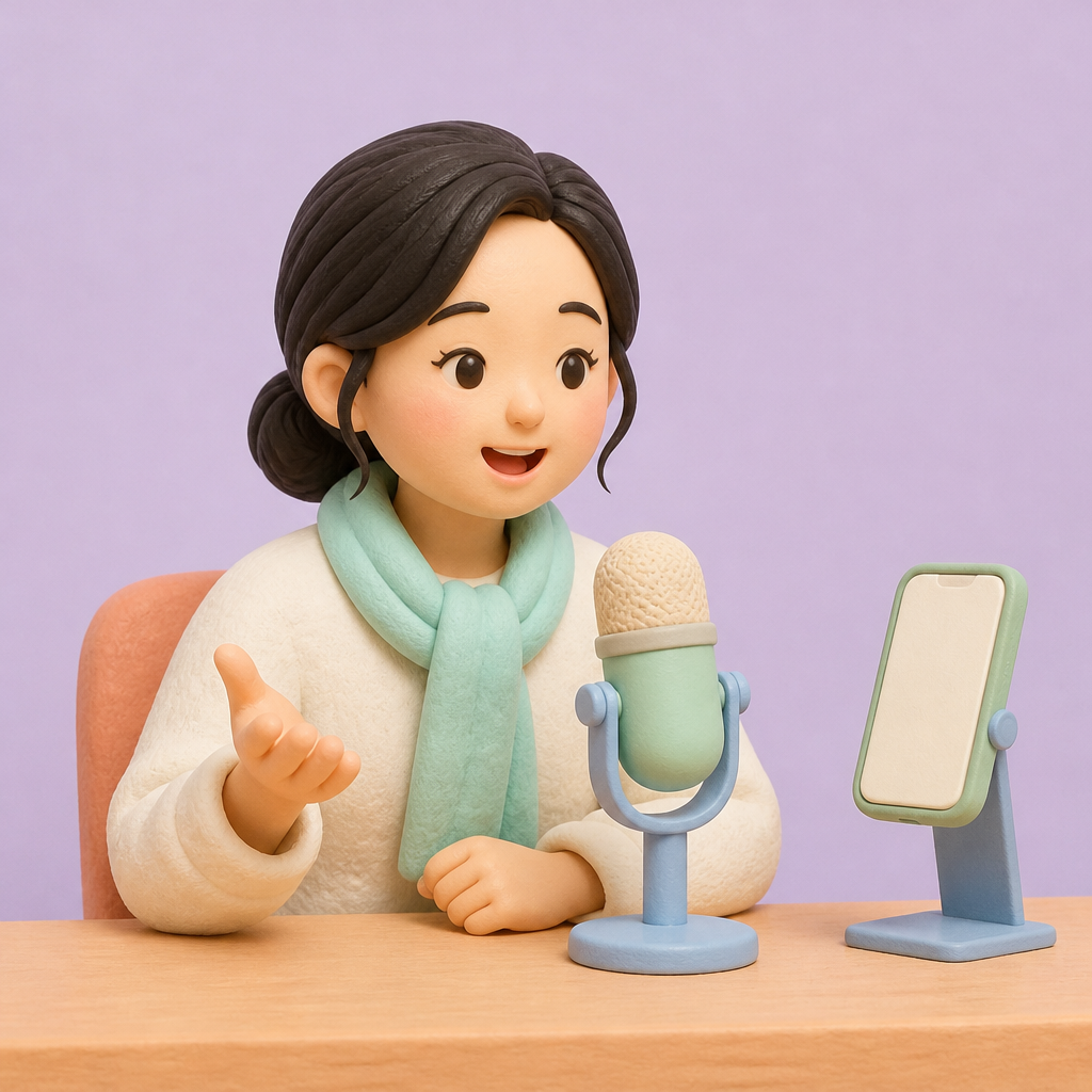 서재 책상에서 작은 스탠드 마이크 앞에 앉아 말하는 성글이