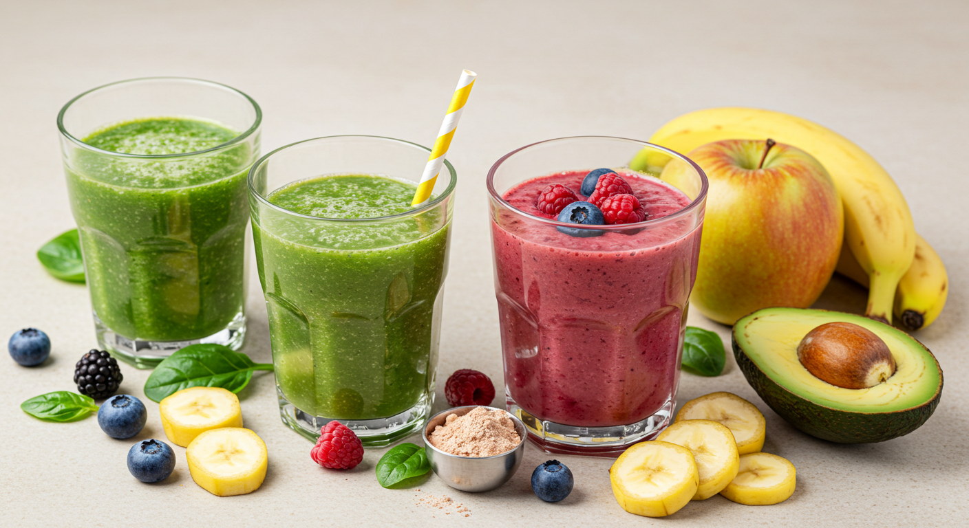 케일과 사과를 넣은 그린 디톡스 스무디, 믹스 베리와 단백질 파우더 한 스쿱을 넣은 레드 베리 단백질 스무디 사진