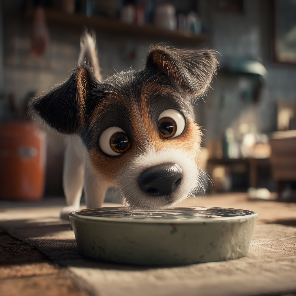 입체감 있는 픽사 스타일로 표현한 물을 마시는 강아지 모습, 실내에서 음수 행동을 관찰하는 장면