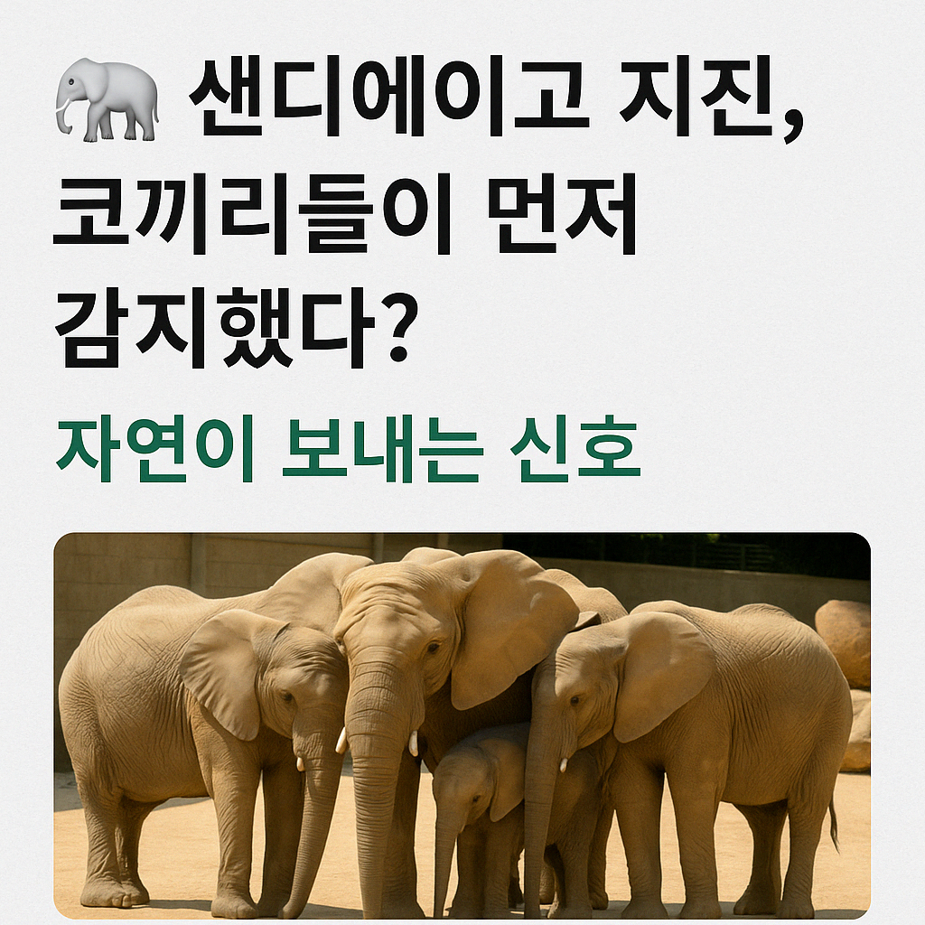 샌디에이고 동물원 코끼리들이 지진 전 새끼를 둘러싸 보호하는 모습을 상상해 AI로 생성한 이미지