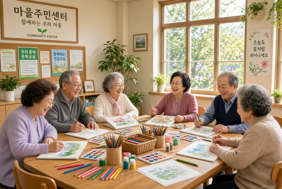 밝은 주민센터에서 함께 그림을 그리고 이야기를 나누는 한국인 시니어 친구들
