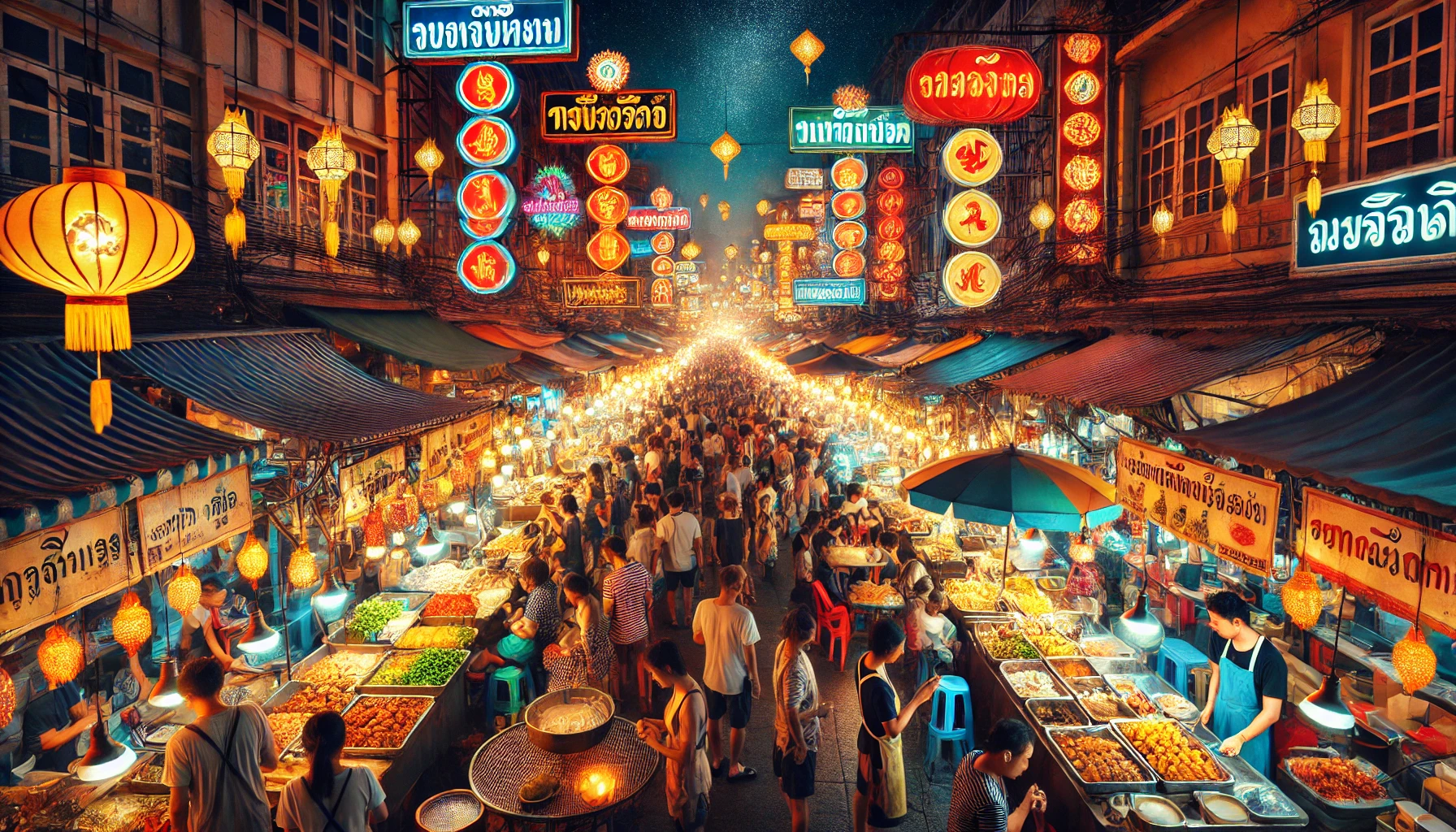 방콕 야시장의 화려한 야경과 다양한 길거리 음식들