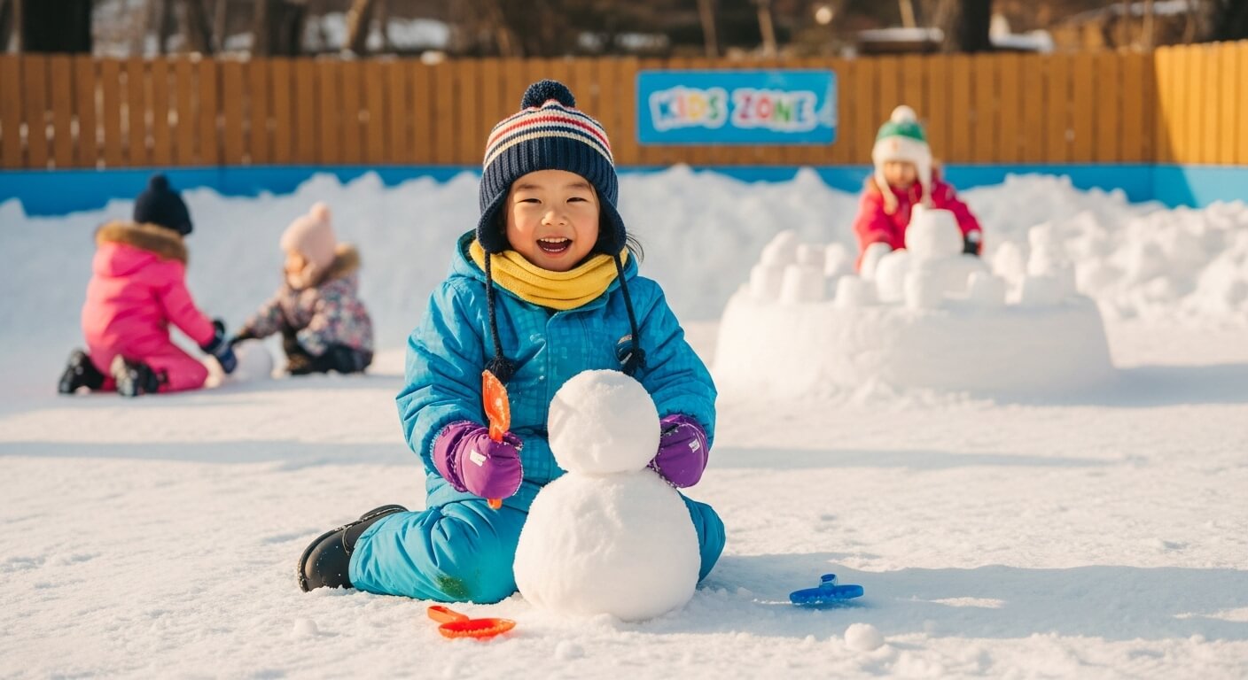 2025년 강원도 리조트의 키즈 스노우 존에서 따뜻한 겨울옷을 입은 미취학 아동이 밝게 웃으며 미니 눈사람을 만들고 있다. 주변에는 다른 아이들도 안전하게 눈놀이를 즐기고 있다.