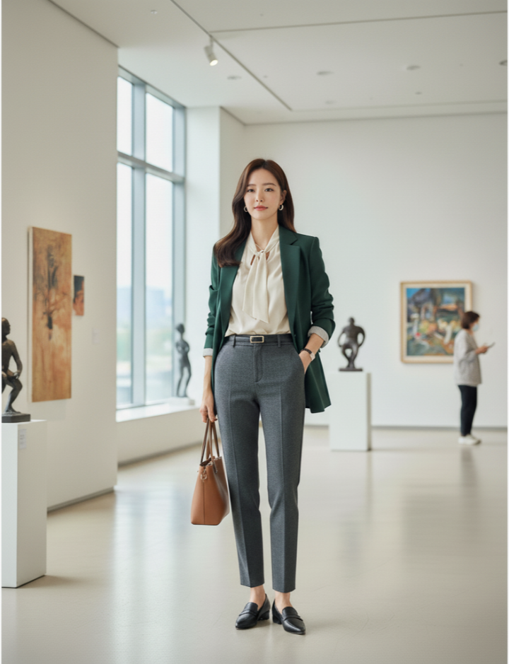 체형에 맞춰 슬랙스를 입은 40대 여성의 코디 예시 사진