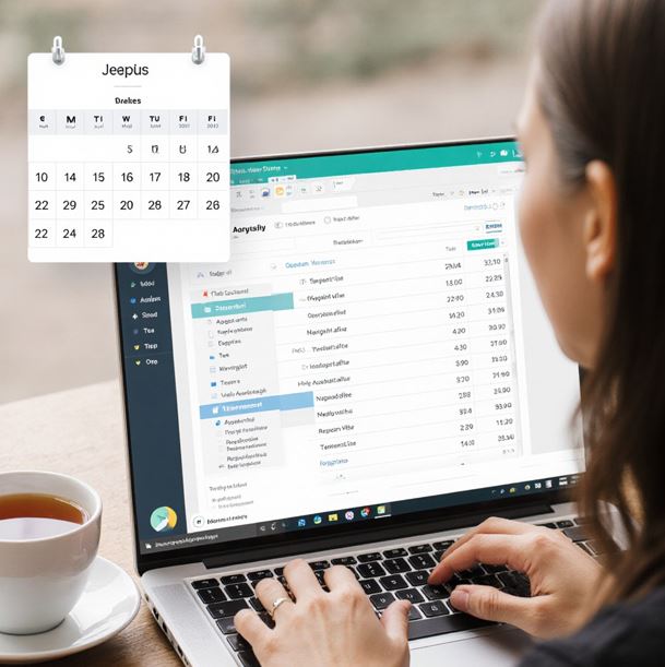 노트북 화면에 스트레스 관리 앱이 열려있고, 옆에 커피 한 잔과 함께 차분하게 데이터를 검토하고 있는 모습의 이미지. 캘린더가 함께 보여 스케줄 관리의 느낌을 강조하였다.